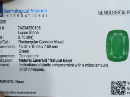 Natural Emerald 9.75ct Zambian GSI Certified Medium Deep Green Cushion Cut Loose Gemstone