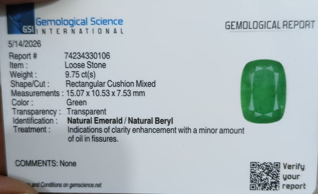 Natural Emerald 9.75ct Zambian GSI Certified Medium Deep Green Cushion Cut Loose Gemstone