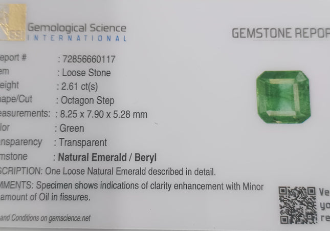 GSI Certified 2.61ct Medium Green Zambian Emerald Natural Gemstone