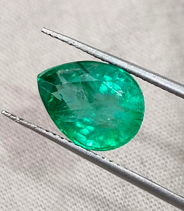 3.19ct Zambian Emerald, Certified Natural Bright Spring Green Pear Cut Loose Gemstone