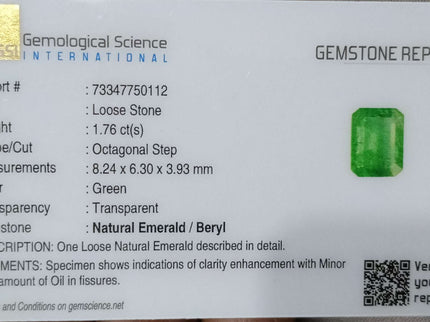 GSI Certified 1.76ct Natural Zambian Emerald Stone