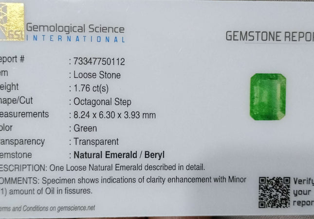 GSI Certified 1.76ct Medium Light Green Zambian Emerald Minor Oiled Loose Gemstone