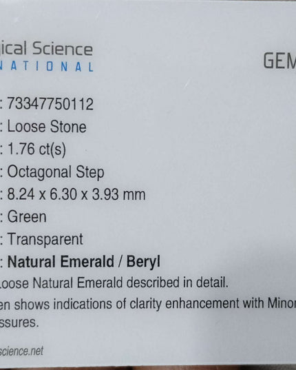 GSI Certified 1.76ct Medium Light Green Zambian Emerald Minor Oiled Loose Gemstone