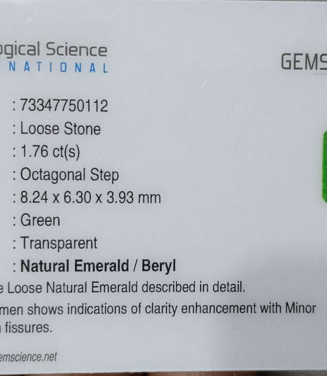 GSI Certified 1.76ct Natural Zambian Emerald Stone