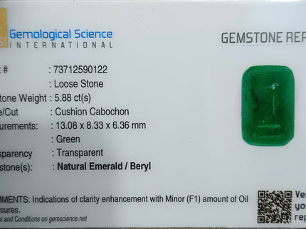 Zambian Emerald 5.88ct Certified Natural Sugarloaf Cut Vivid Green Gemstone