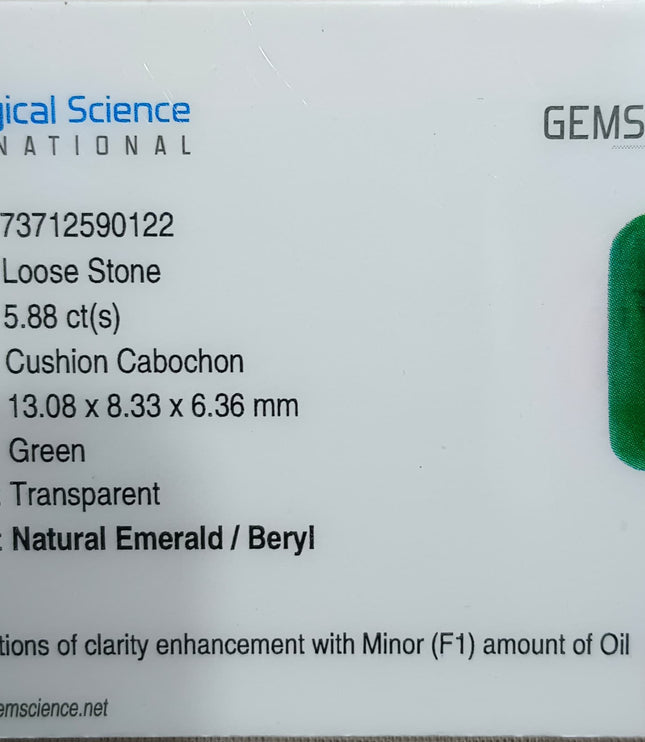 Zambian Emerald 5.88ct Certified Natural Sugarloaf Cut Vivid Green Gemstone