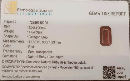 GSI Certified 4.04ct Maroon Red Ruby, 100% Natural Gemstone