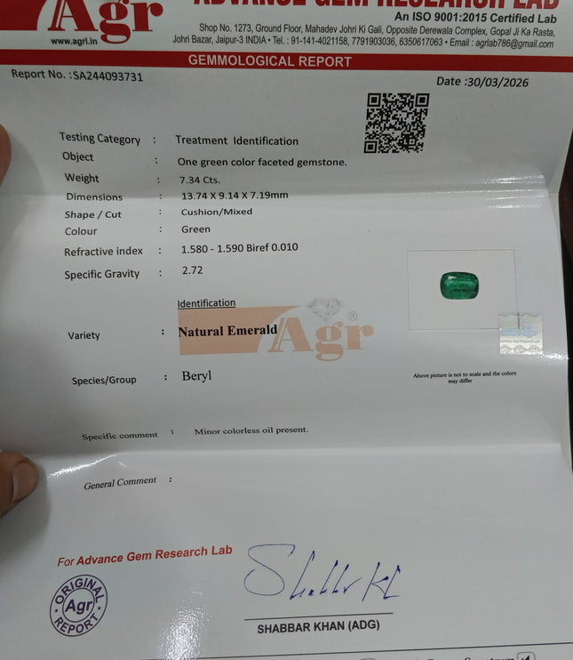 Natural Emerald 7.34ct Certified Deep Green Cushion Cut Natural Loose Stone