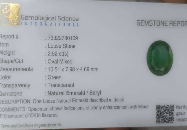 2.52ct GSI USA Certified Deep Green Zambian Emerald Minor Oiled Loose Gemstone