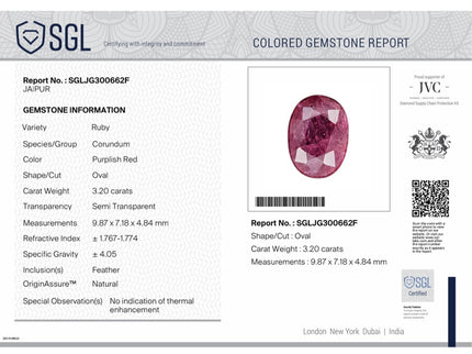 3.20ct Unheated Mozambique Natural Ruby Orchid Red SGL Certified Oval Stone
