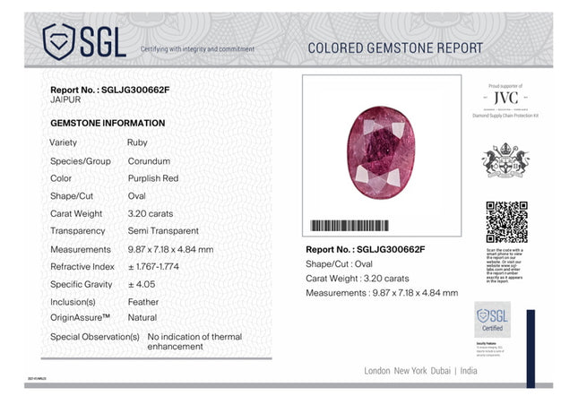3.20ct Unheated Mozambique Natural Ruby Orchid Red SGL Certified Oval Stone