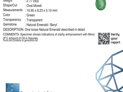 GSI Certified 2.77ct Panjshir Emerald Natural Medium Light Green Oval Cut Gemstone