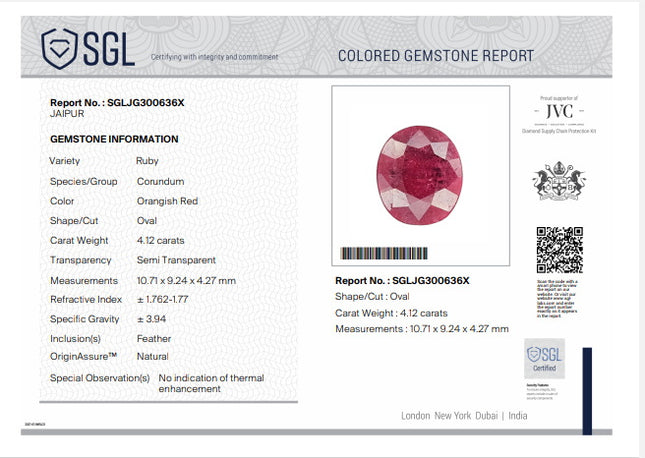 4.12ct Ruby Mozambique Unheated Natural SGL Certified Wine Red Oval Gemstone