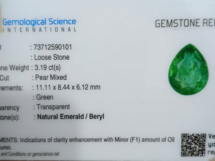3.19ct Zambian Emerald, Certified Natural Bright Spring Green Pear Cut Loose Gemstone