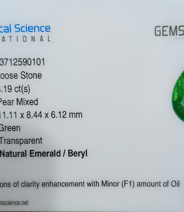 3.19ct Zambian Emerald, Certified Natural Bright Spring Green Pear Cut Loose Gemstone