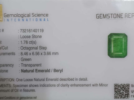 1.78ct Certified Natural Zambian Emerald.