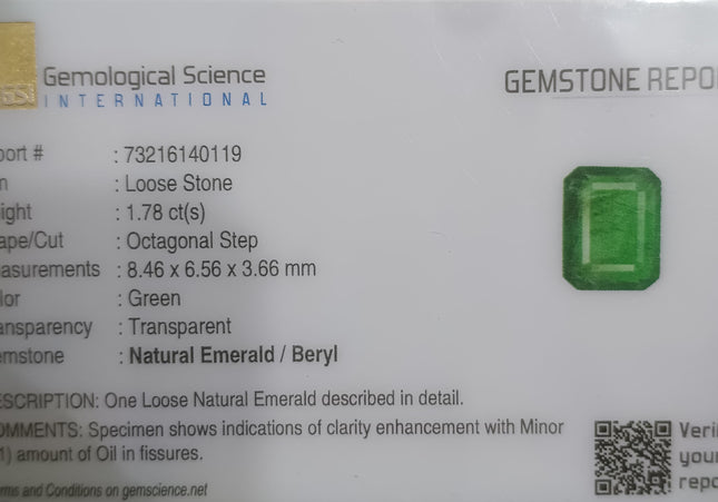 1.78ct GSI Certified Deep Glass Green Zambian Emerald Minor Oiled Loose Gemstone
