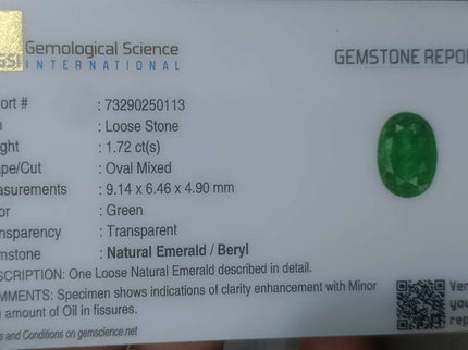 1.72ct Certified Natural Zambian Emerald.