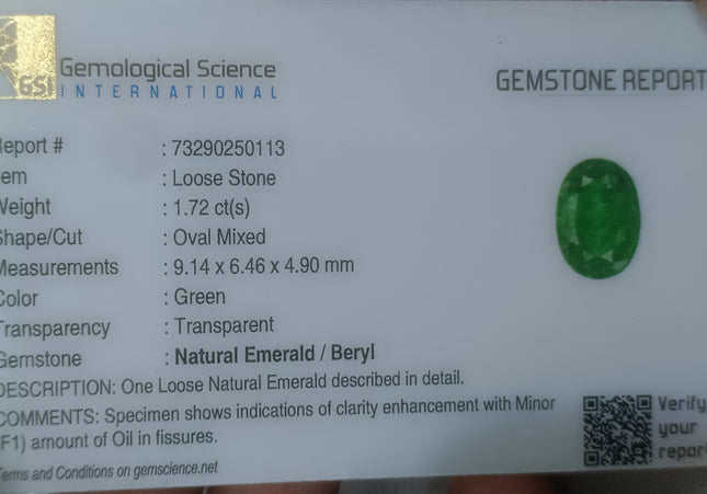 1.72ct GSI Certified Vivid Green Oval Cut Zambian Emerald Minor Oiled Loose Gemstone