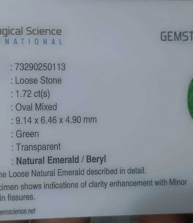 1.72ct Certified Natural Zambian Emerald.