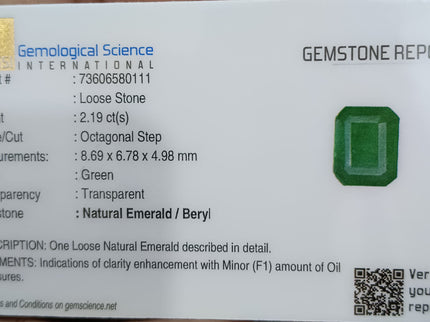 Zambian Emerald 2.19ct Certified Natural Deep Velvet Green Emerald Cut Loose Stone