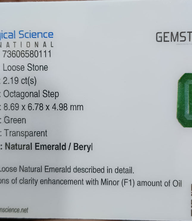 Zambian Emerald 2.19ct Certified Natural Deep Velvet Green Emerald Cut Loose Stone