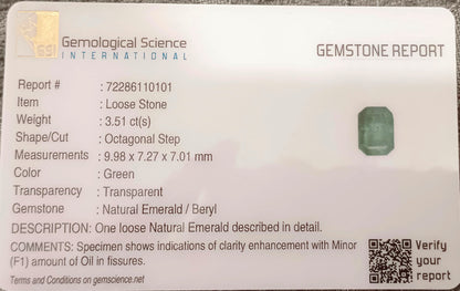 GSI Certified 3.51ct Zambian Emerald , 100% Natural Gem