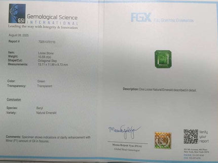 Natural Emerald 10.58 ct Vivid Deep Green Swat Loose Gemstone – Certified Investment Grade