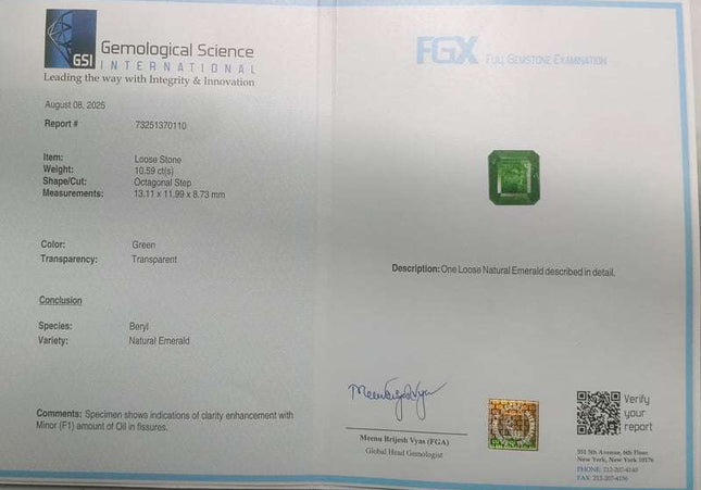GSI Certified 10.59ct Swat Emerald Natural Vivid Deep Green earth mined Gemstone