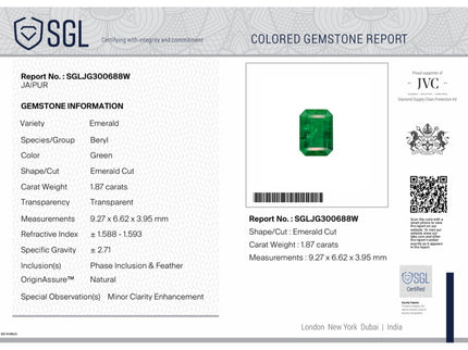 Natural Emerald 1.87ct Zambian SGL Certified Medium Bluish Green Octagon Cut Minor Oiled Loose Gemstone
