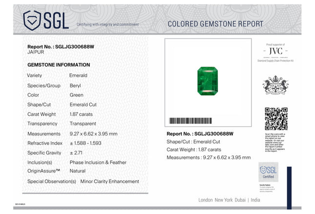 Natural Emerald 1.87ct Zambian SGL Certified Medium Bluish Green Octagon Cut Minor Oiled Loose Gemstone