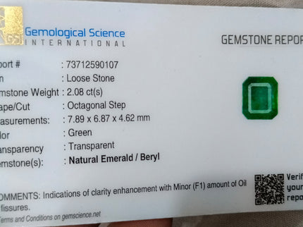 2.08ct Zambian Emerald, Certified Natural Medium Deep Green Octagon Cut Gemstone