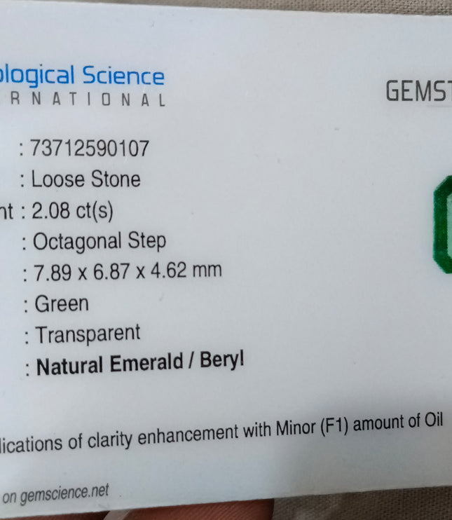 2.08ct Zambian Emerald, Certified Natural Medium Deep Green Octagon Cut Gemstone