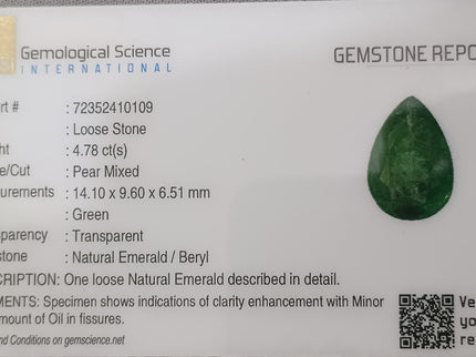 4.78ct Natural Colombian Emerald Medium Green Pear Cut Loose Gemstone
