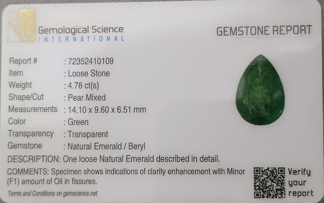 4.78ct Natural Colombian Emerald Medium Green Pear Cut Loose Gemstone
