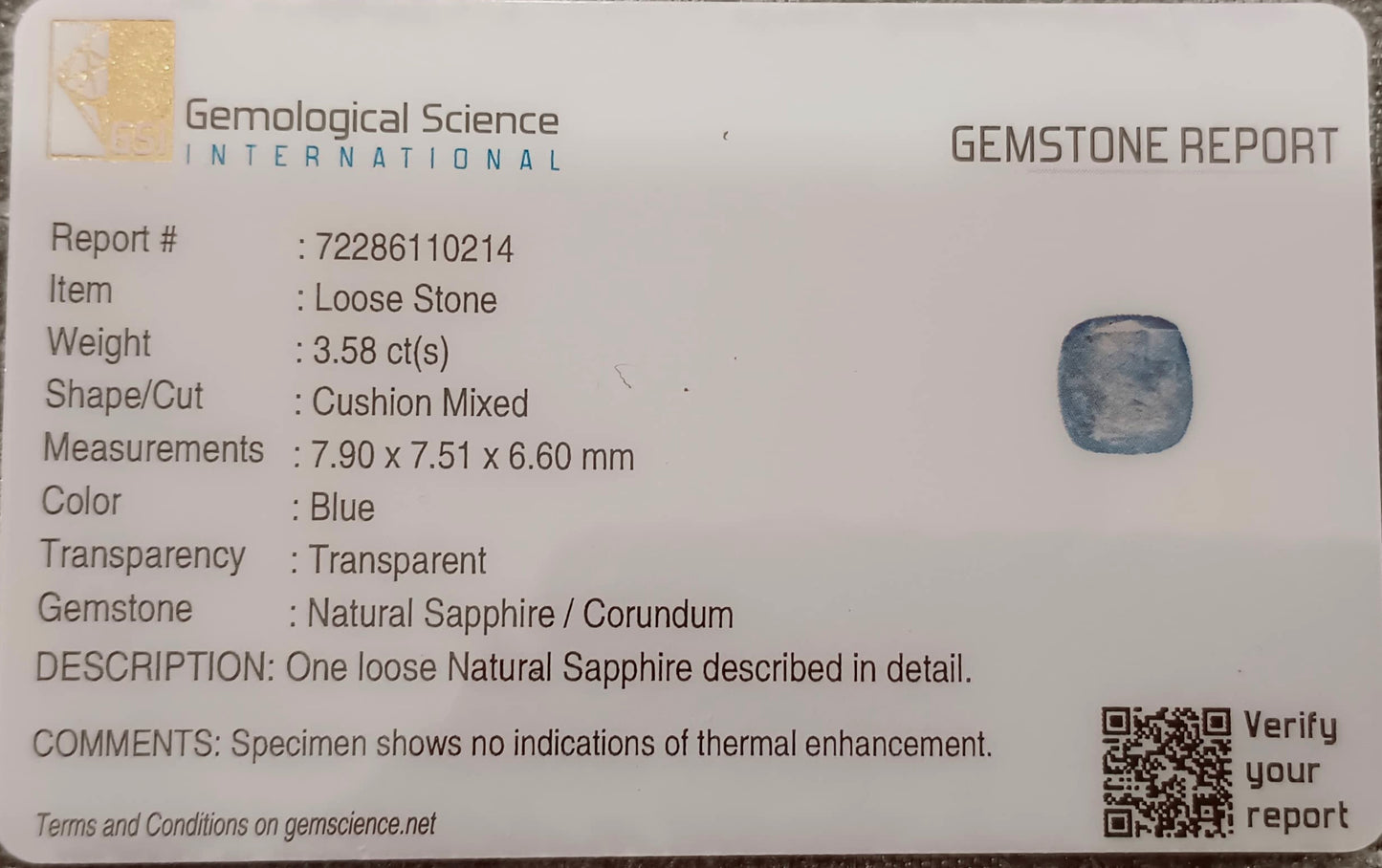 GSI Certified 3.58ct Blue Ceylon Sapphire, 100% Natural untreated Gemstone