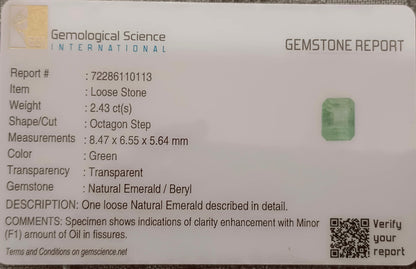 GSI Certified 2.43ct  Ethiopian Emerald, 100% Natural Gem