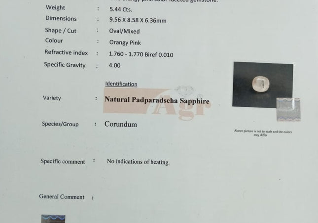 Big Certified 5.44ct Natural Padparadscha Sapphire