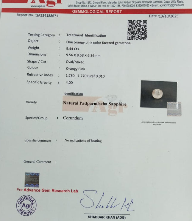 Padparadscha sapphire 5.44ct Certified Natural Unheated Loose Gemstone