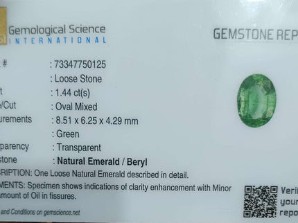 Certified 1.44ct Natural Zambian Emerald