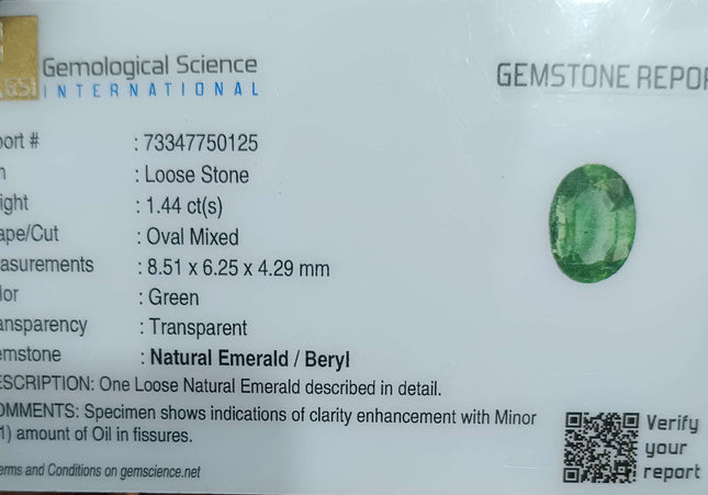 GSI Certified 1.44ct Medium Shamrock Green Natural Zambian Emerald Minor Oiled Loose Gemstone