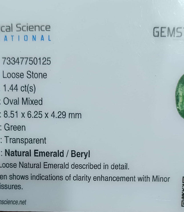 Certified 1.44ct Natural Zambian Emerald