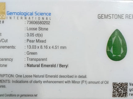 Zambian Emerald 3.05ct Natural Certified Deep Velvet Green Pear Cut Gemstone