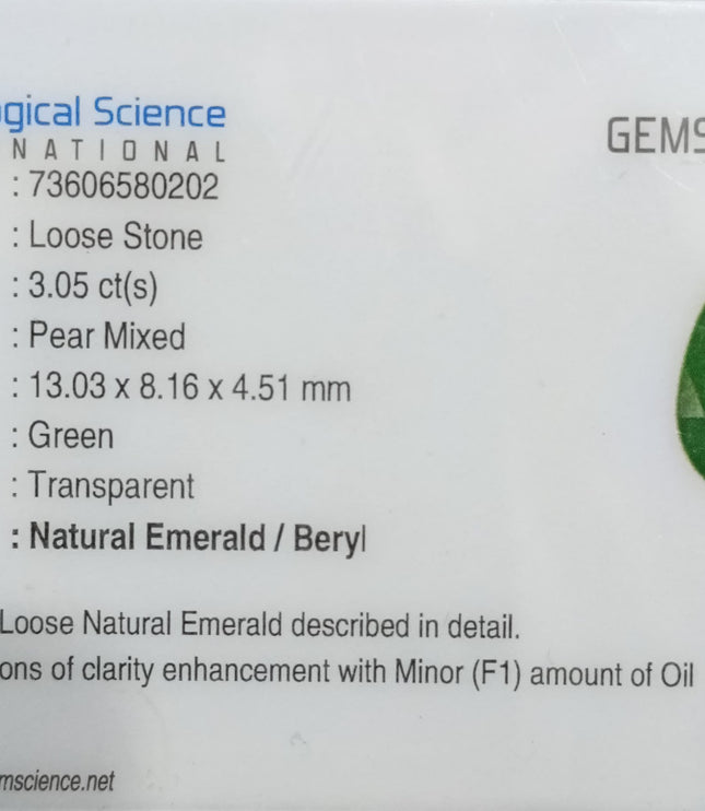 Zambian Emerald 3.05ct Natural Certified Deep Velvet Green Pear Cut Gemstone