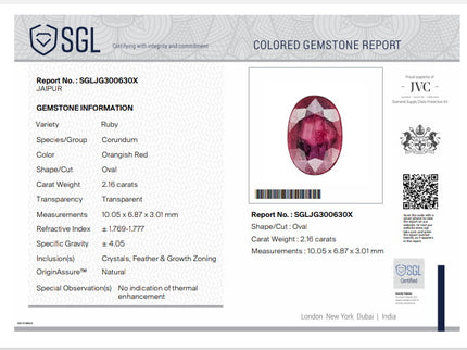 2.16ct Untreated Mozambique Natural Ruby SGL Certified Rasberry Red Oval Gemstone