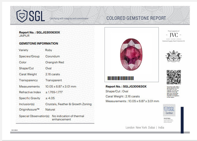 2.16ct Untreated Mozambique Natural Ruby SGL Certified Rasberry Red Oval Gemstone
