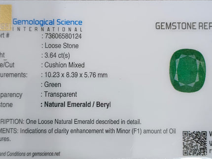 Zambian Emerald 3.61ct Certified Natural Deep Green Cushion Cut Gemstone