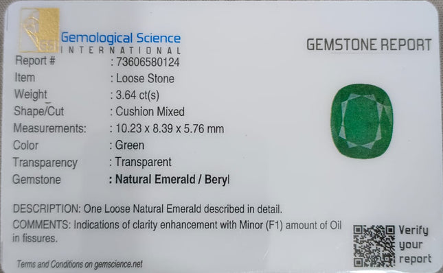 Zambian Emerald 3.61ct Certified Natural Deep Green Cushion Cut Gemstone