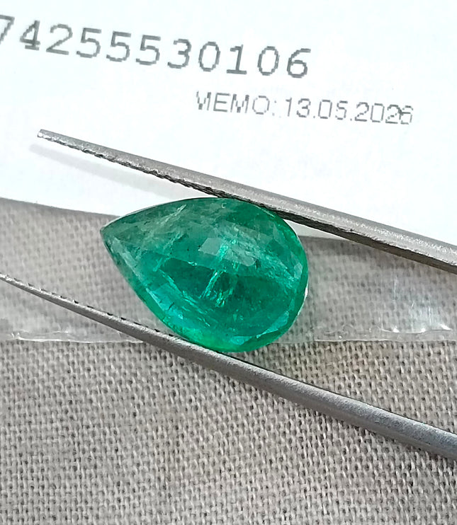 2.69ct Natural Emerald Medium Deep Vivid Green Pear Cut GSI Certified Gemstone