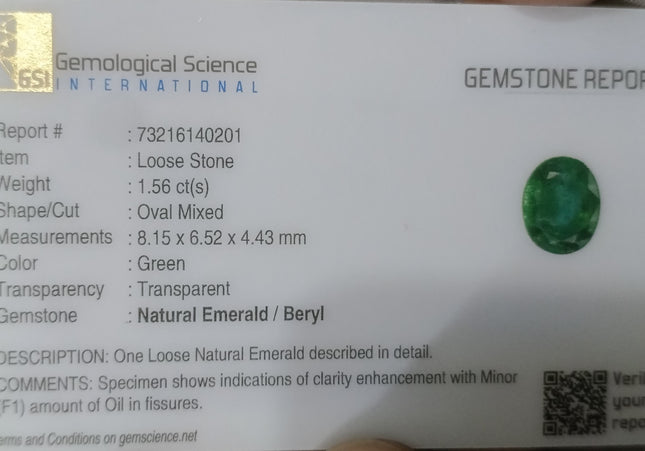 GSI Certified 1.56ct Deep Green Natural Emerald Minor Oiled Loose Gemstone